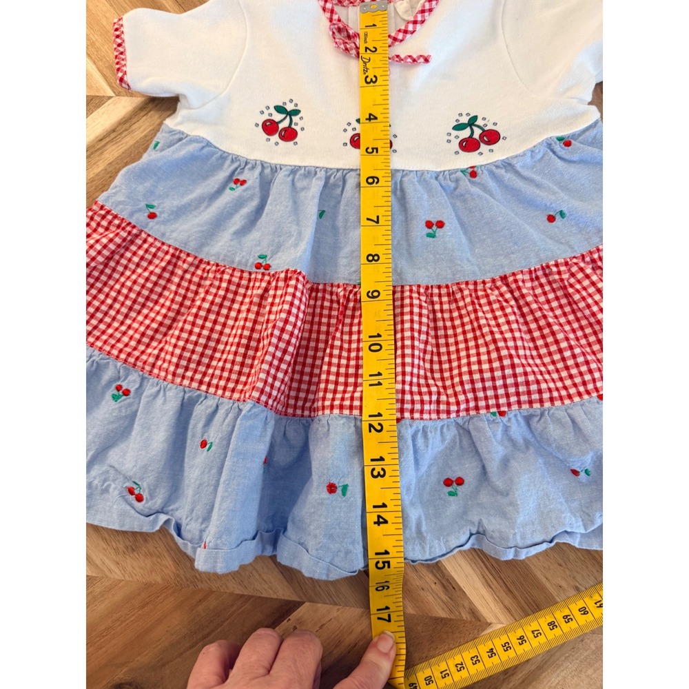 VTG Baby Girls Cherry Ruffle Tiered Dress White Blue/Red Gingham Summer 6 Month - Picture 3 of 5